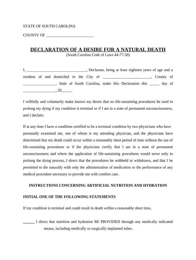 Statutory Equivalent of Living Will or Declaration for a Desire of a Natural Death Statutory South Carolina  Form