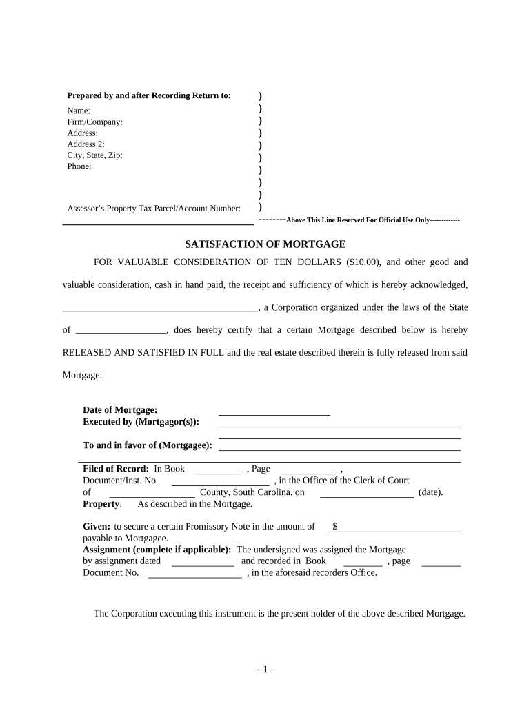 South Carolina Satisfaction Mortgage  Form