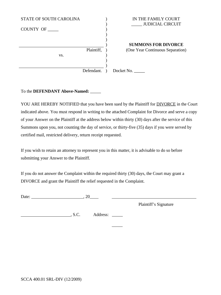 South Carolina Divorce Printable  Form