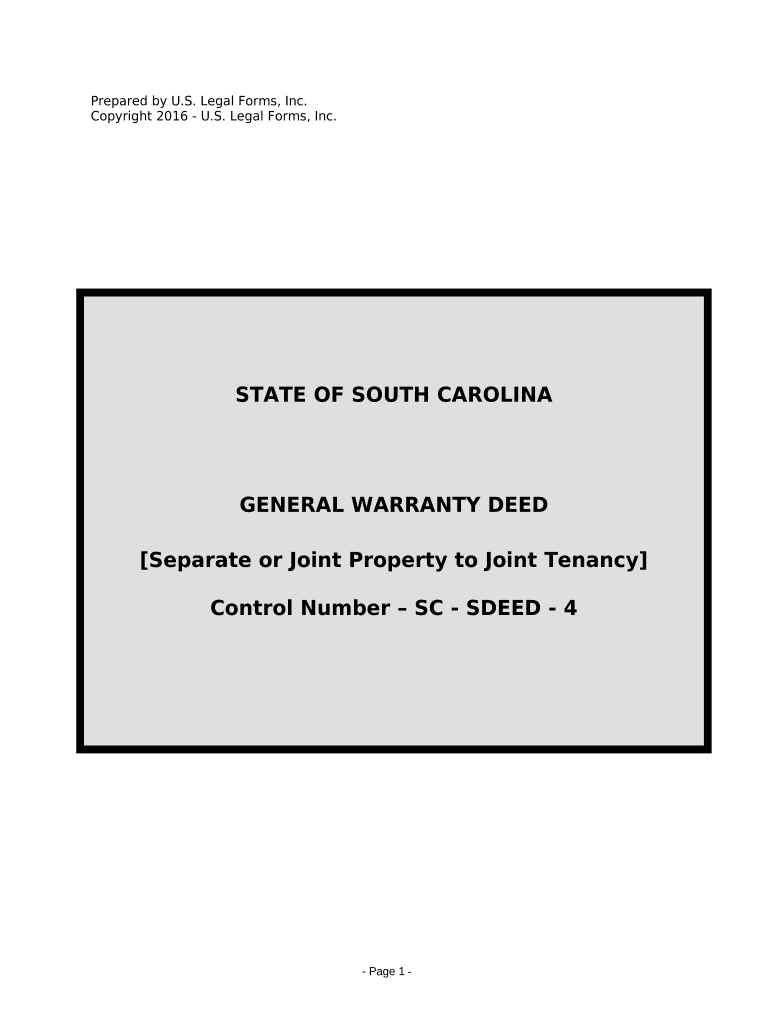 Warranty Deed for Separate or Joint Property to Joint Tenancy South Carolina  Form