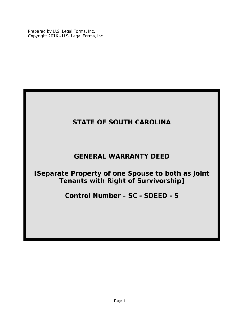Warranty Deed to Separate Property of One Spouse to Both Spouses as Joint Tenants South Carolina  Form