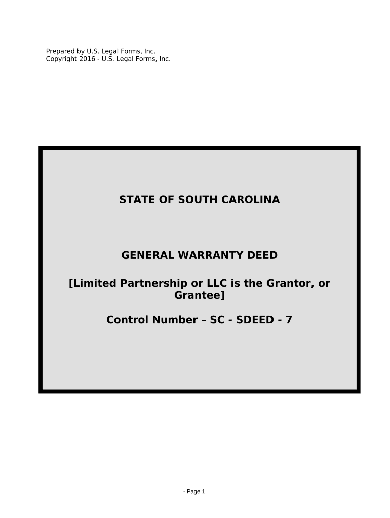 Warranty Deed from Limited Partnership or LLC is the Grantor, or Grantee South Carolina  Form
