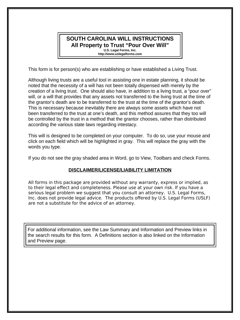 Fill and Sign the Legal Last Will and Testament Form with All Property to Trust Called a Pour over Will South Carolina