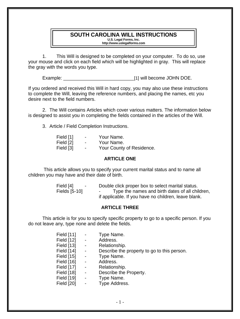 Last Will and Testament for Other Persons South Carolina  Form