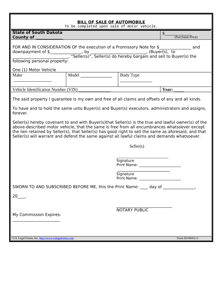 Bill of Sale for Automobile or Vehicle Including Odometer Statement and Promissory Note South Dakota  Form