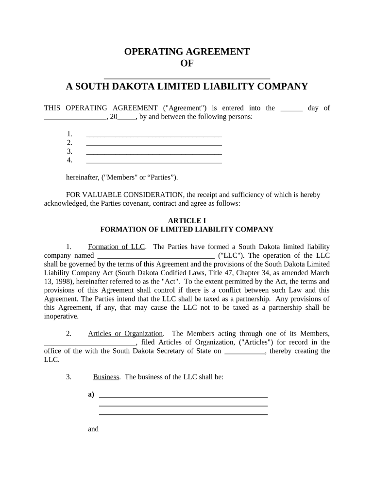 Limited Liability Company LLC Operating Agreement South Dakota  Form