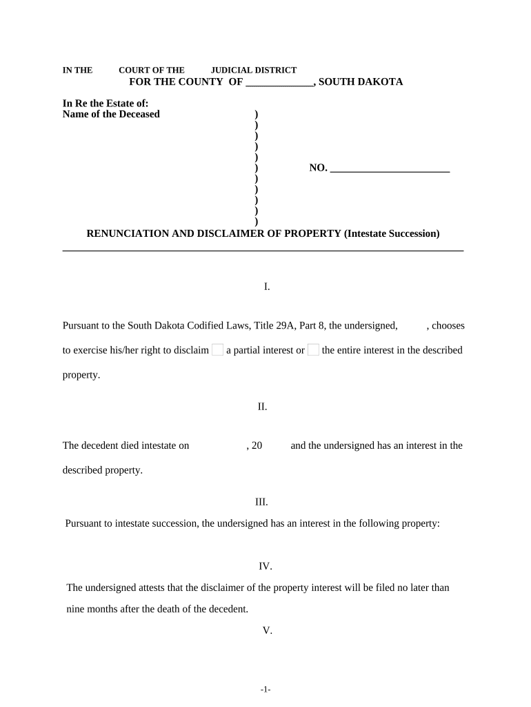 Renunciation and Disclaimer of Property Received by Intestate Succession South Dakota  Form