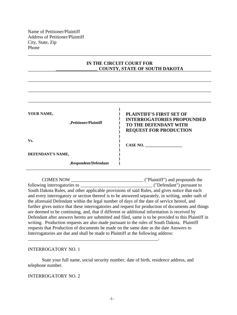 Discovery Interrogatories from Plaintiff to Defendant with Production Requests South Dakota  Form