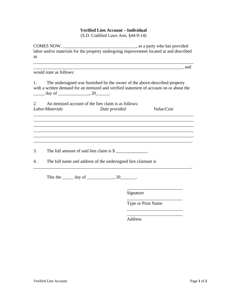 South Dakota Lien Form