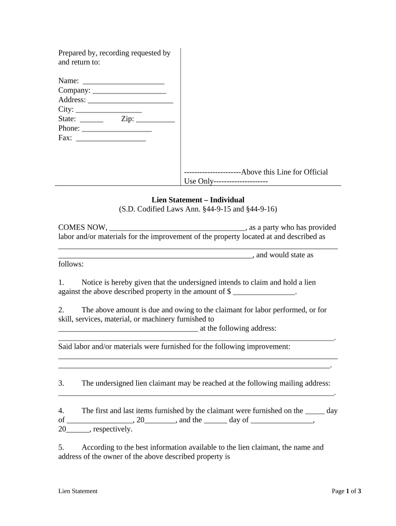 South Dakota Lien  Form