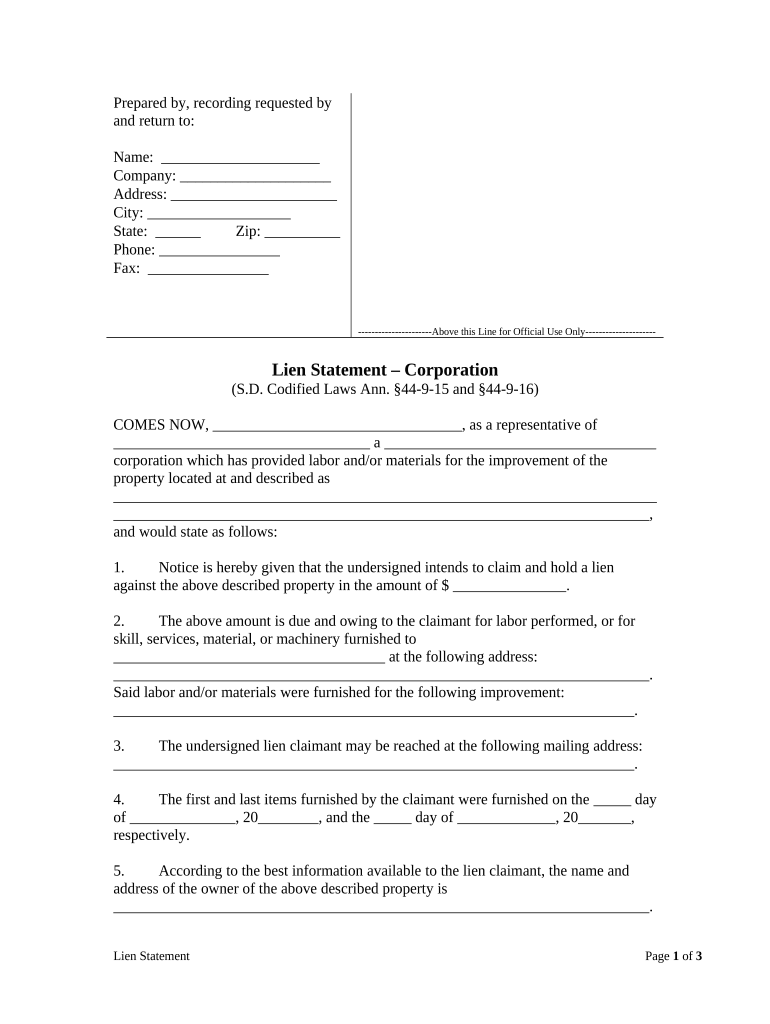 South Dakota Lien  Form