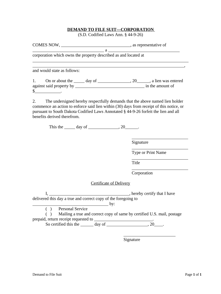 Demand to Commence Suit by Corporation or LLC South Dakota  Form