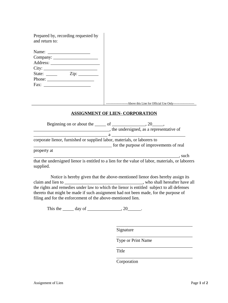 Assignment of Claim of Lien Corporation or LLC South Dakota  Form