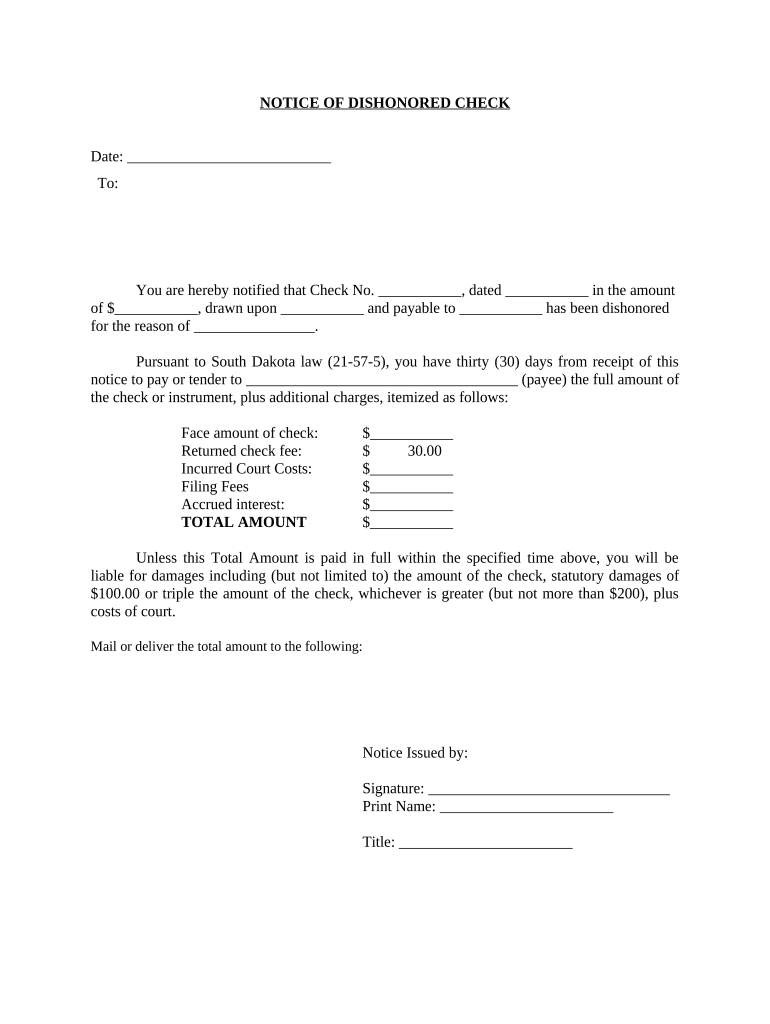 Notice of Dishonored Check Civil Keywords Bad Check, Bounced Check South Dakota  Form