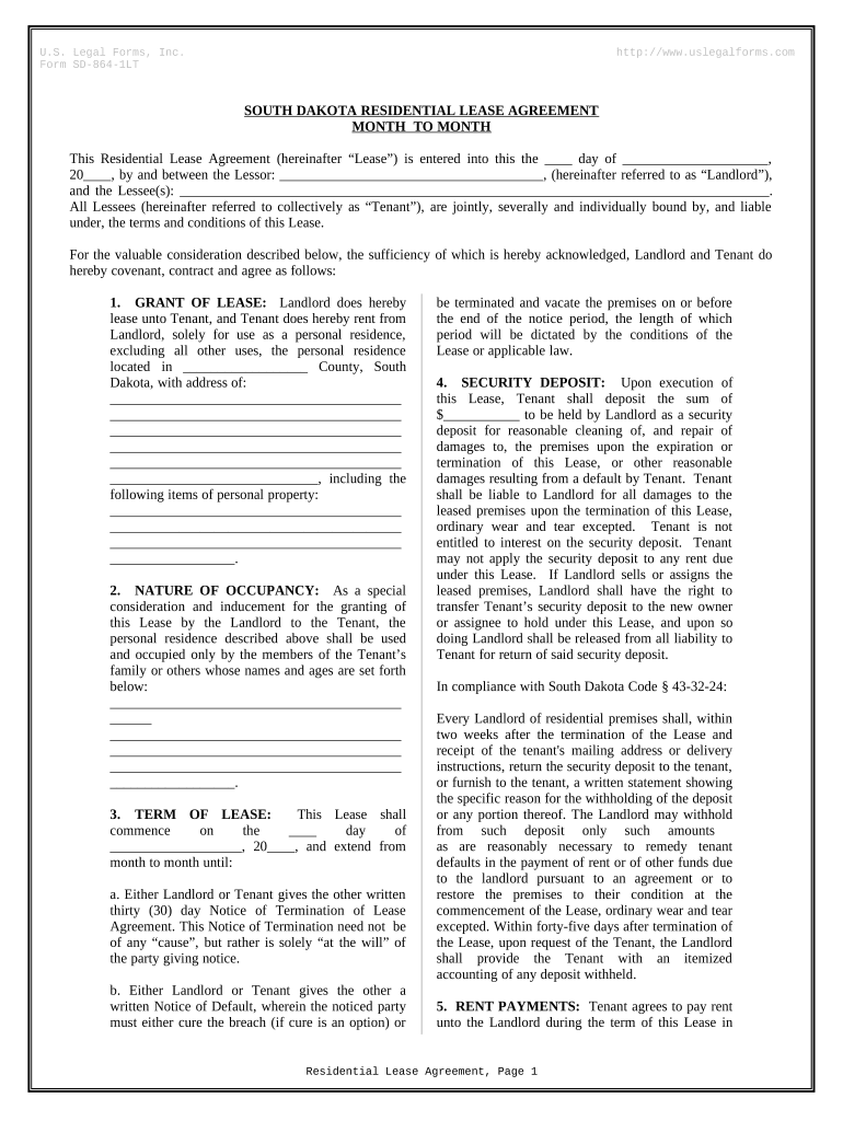 Residential Lease or Rental Agreement for Month to Month South Dakota  Form