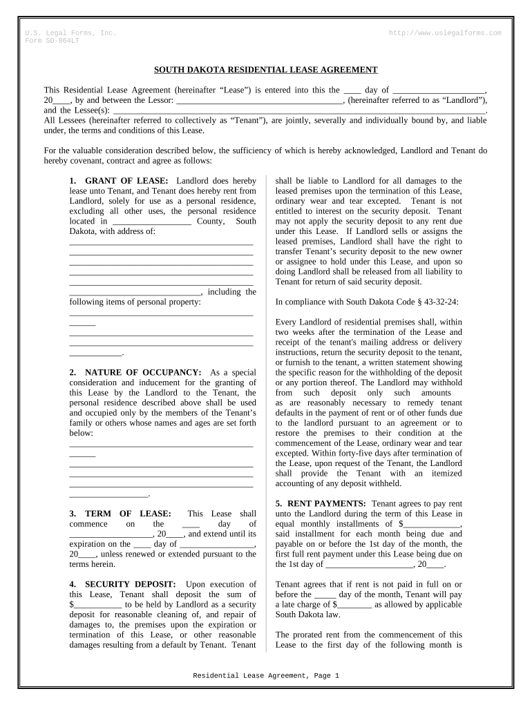 Residential Rental Lease Agreement South Dakota  Form