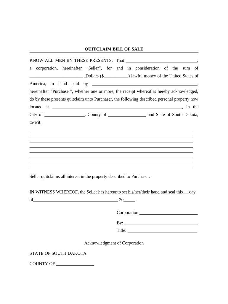 Bill of Sale Without Warranty by Corporate Seller South Dakota  Form