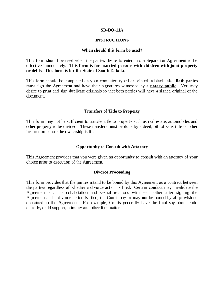 Marital Domestic Separation and Property Settlement Agreement Minor Children Parties May Have Joint Property or Debts Effective   Form