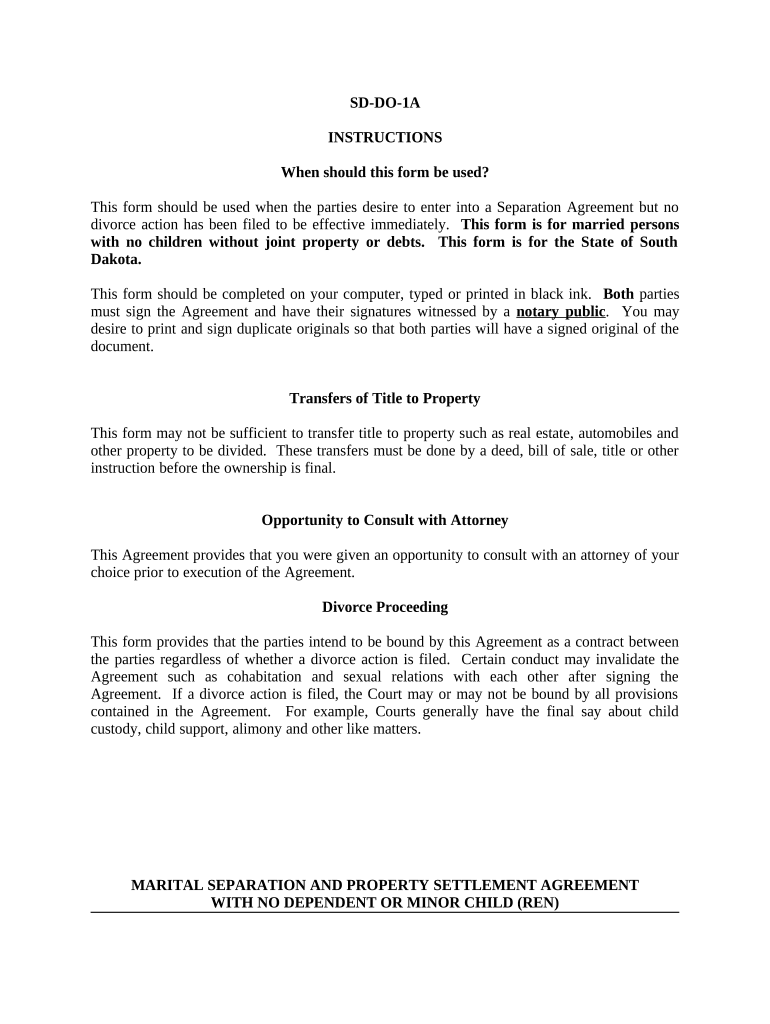 Marital Domestic Separation and Property Settlement Agreement for Persons with No Children, No Joint Property, or Debts Effectiv  Form