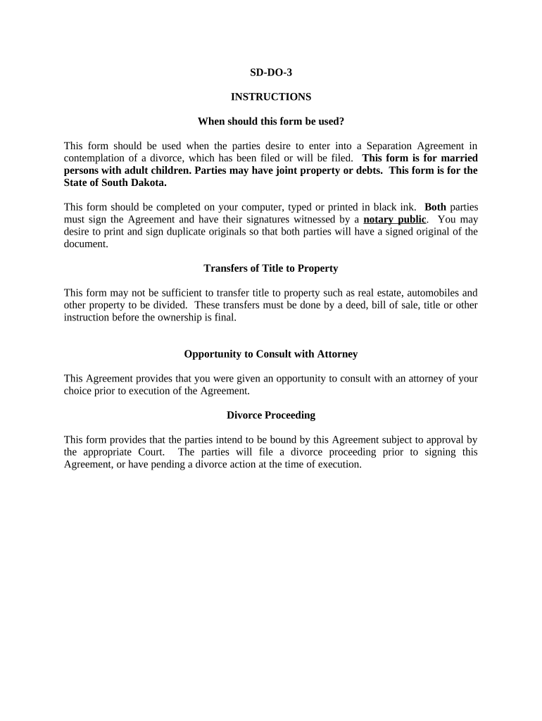 Marital Domestic Separation and Property Settlement Agreement Adult Children Parties May Have Joint Property or Debts Where Divo  Form