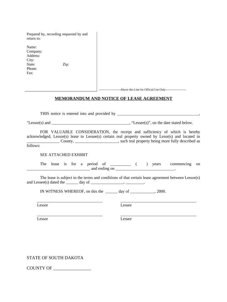 Notice of Lease for Recording South Dakota  Form