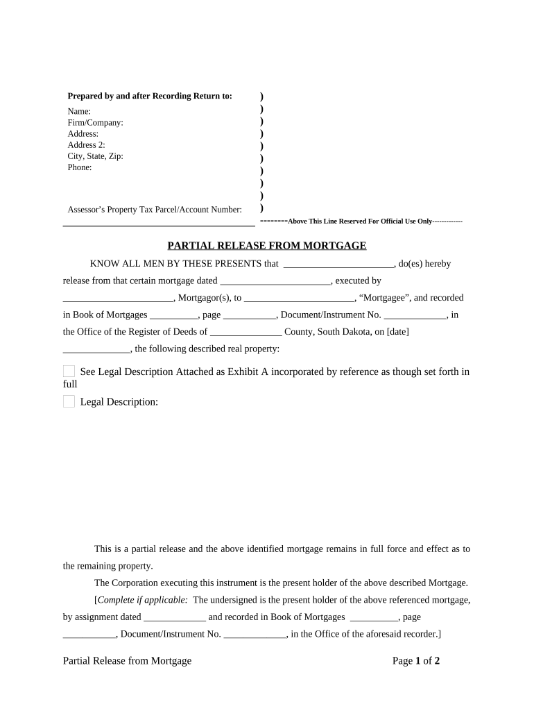 Partial Release of Property from Mortgage for Corporation South Dakota  Form