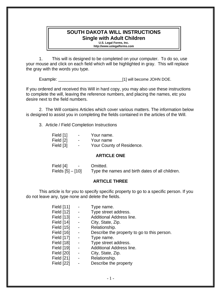 Legal Last Will and Testament Form for Single Person with Adult Children South Dakota