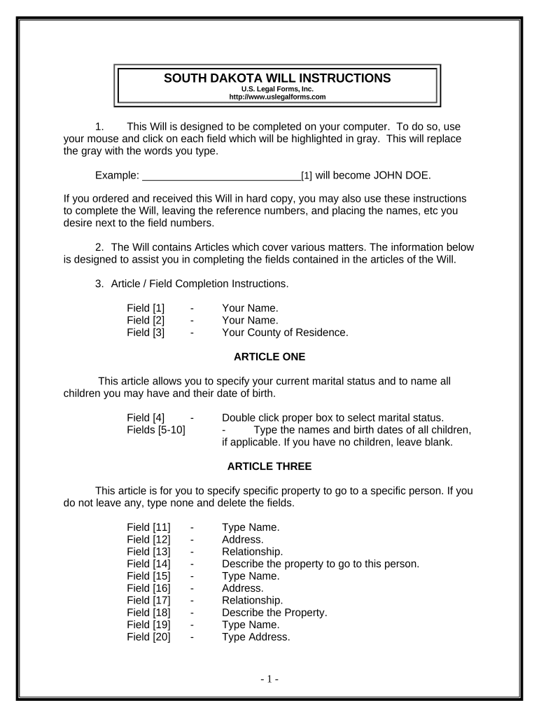 Last Will and Testament for Other Persons South Dakota  Form