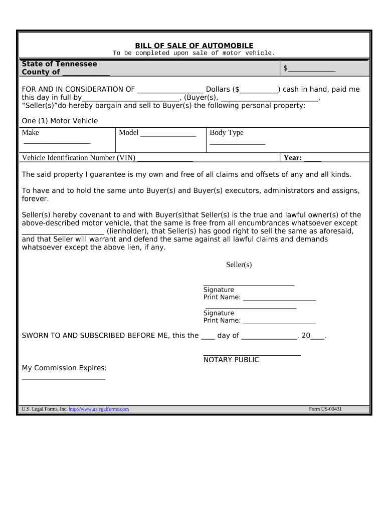 Bill of Sale of Automobile and Odometer Statement Tennessee  Form