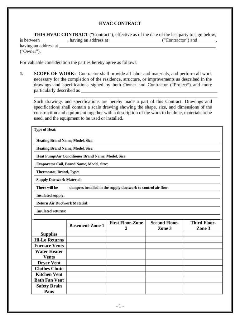 HVAC Contract for Contractor Tennessee  Form