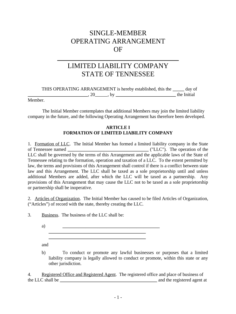 Single Member Limited Liability Company LLC Operating Agreement Tennessee  Form