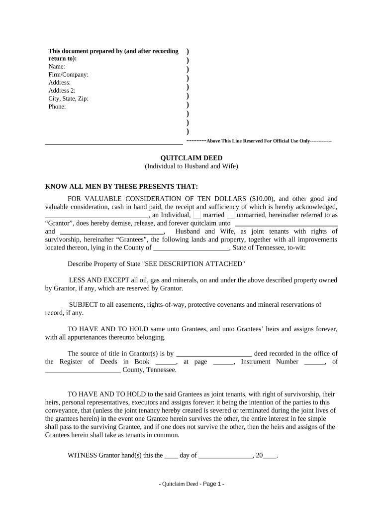 Quitclaim Deed from Individual to Husband and Wife Tennessee  Form
