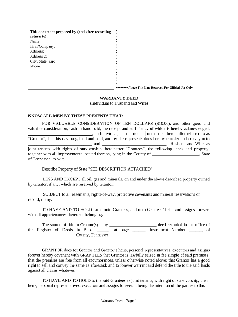 Warranty Deed from Individual to Husband and Wife Tennessee  Form