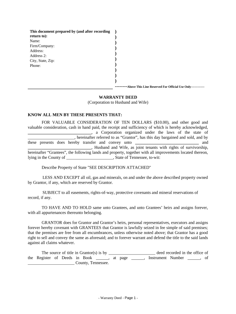 Warranty Deed from Corporation to Husband and Wife Tennessee  Form