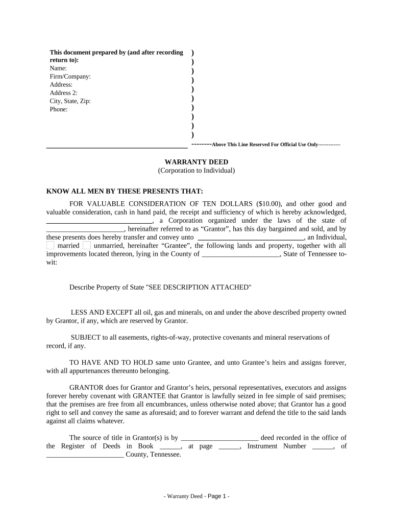 Warranty Deed from Corporation to Individual Tennessee  Form