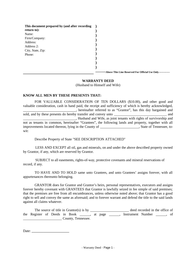 Warranty Deed from Husband to Himself and Wife Tennessee  Form