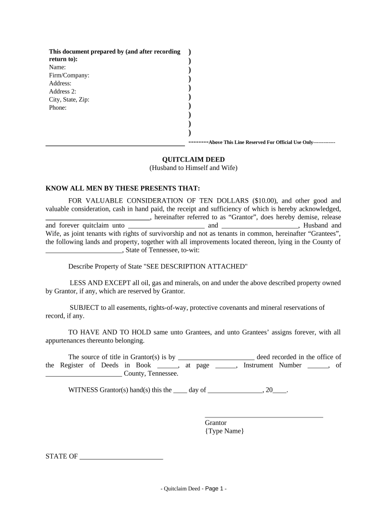 Quitclaim Deed from Husband to Himself and Wife Tennessee  Form