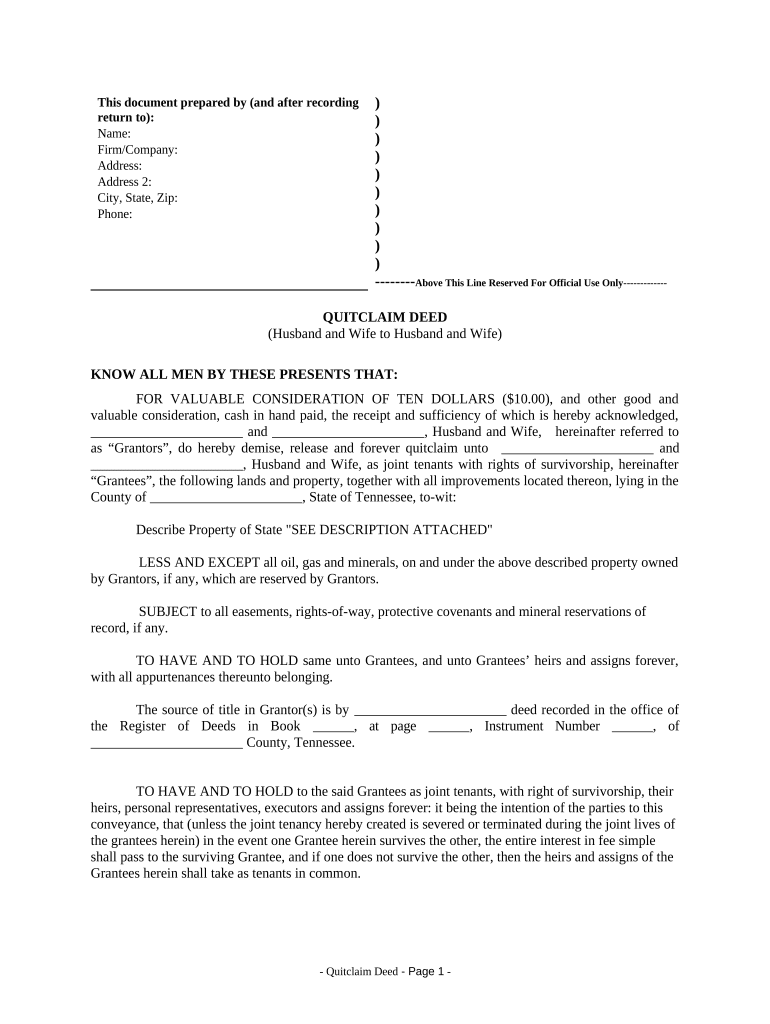 Quitclaim Deed from Husband and Wife to Husband and Wife Tennessee  Form
