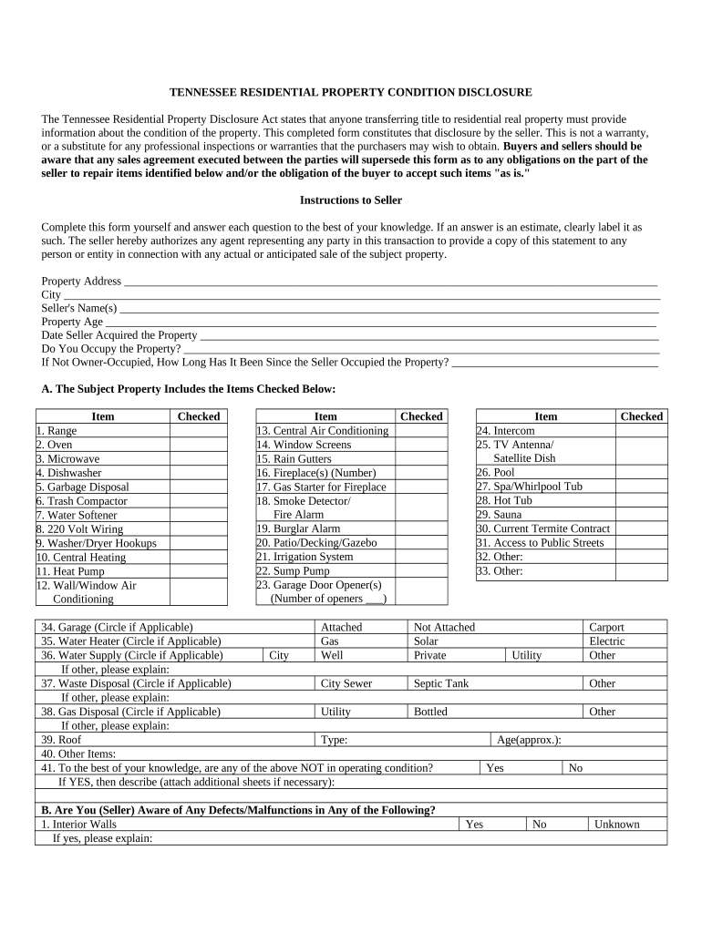 Tennessee Real Estate Residential Property Disclosure Form Tennessee