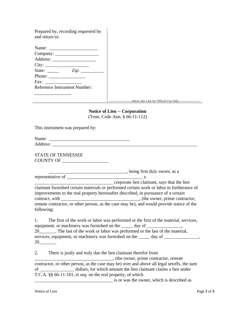 Tennessee Notice Lien  Form