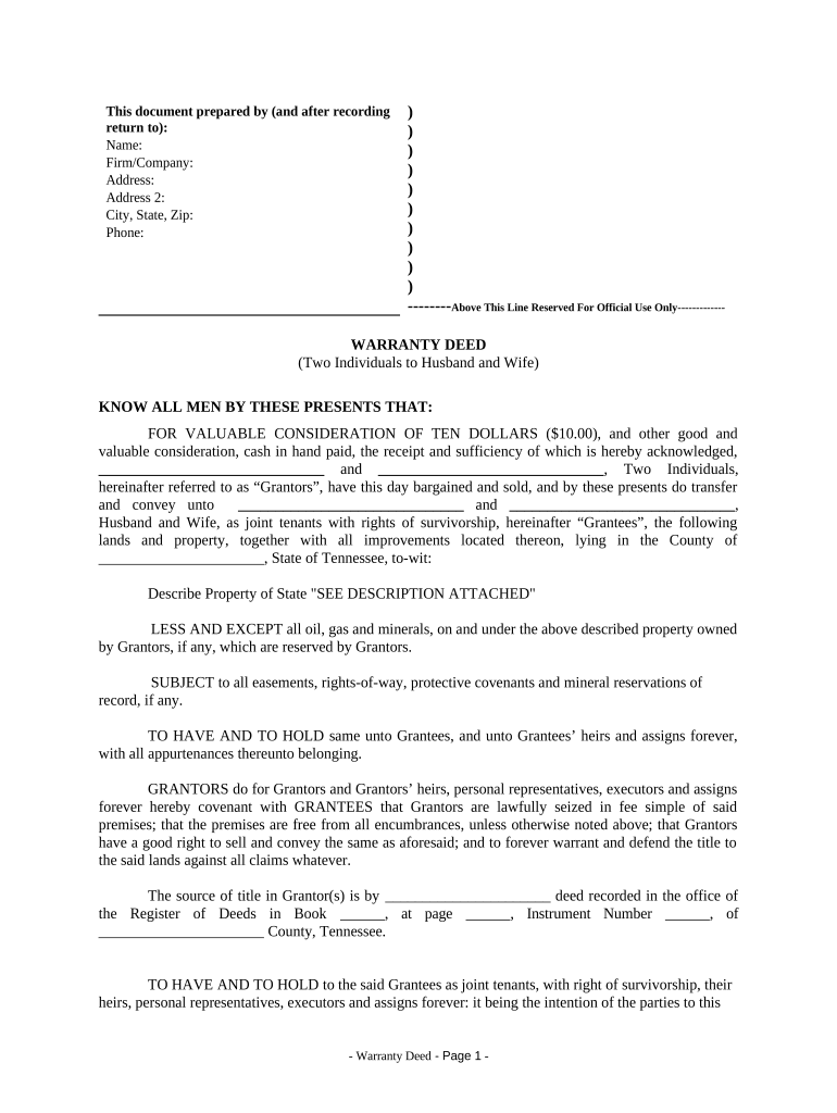 Warranty Deed from Two Individuals to Husband and Wife Tennessee  Form