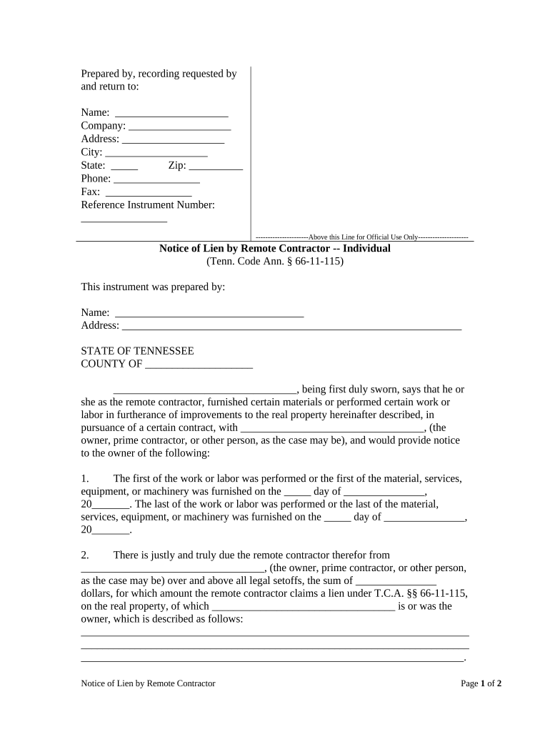 Notice of Lien by Remote Contractor Individual Tennessee  Form