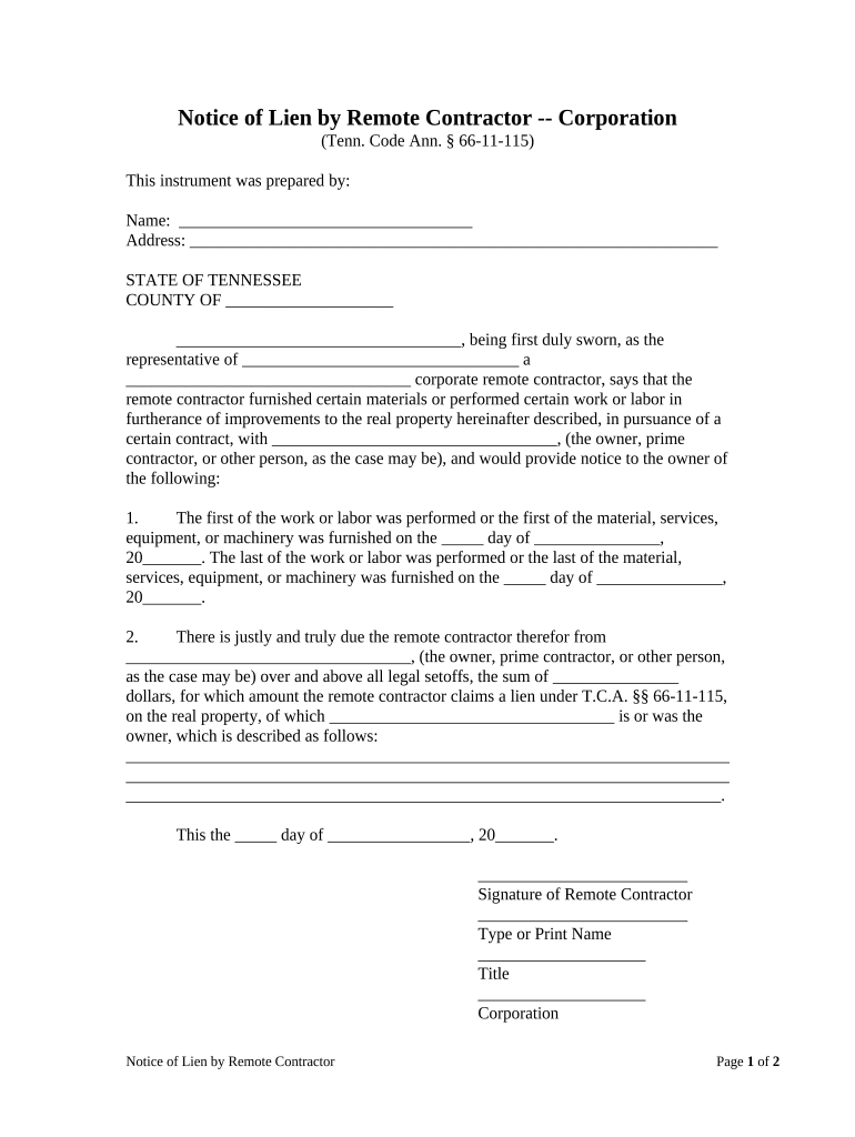 Notice Lien Contractor  Form