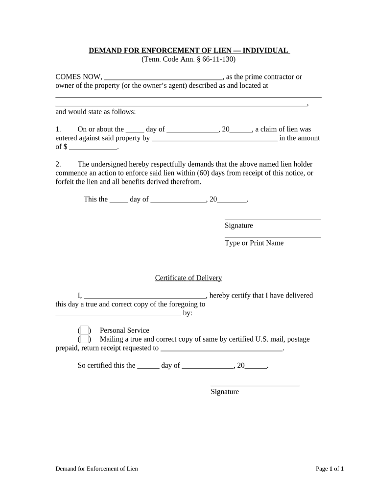 Demand for Enforcement of Lien by Individual Tennessee  Form