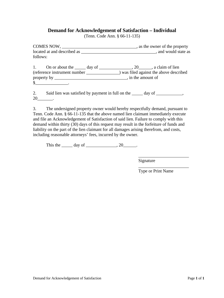 Demand for Acknowledgment of Satisfaction Individual Tennessee  Form