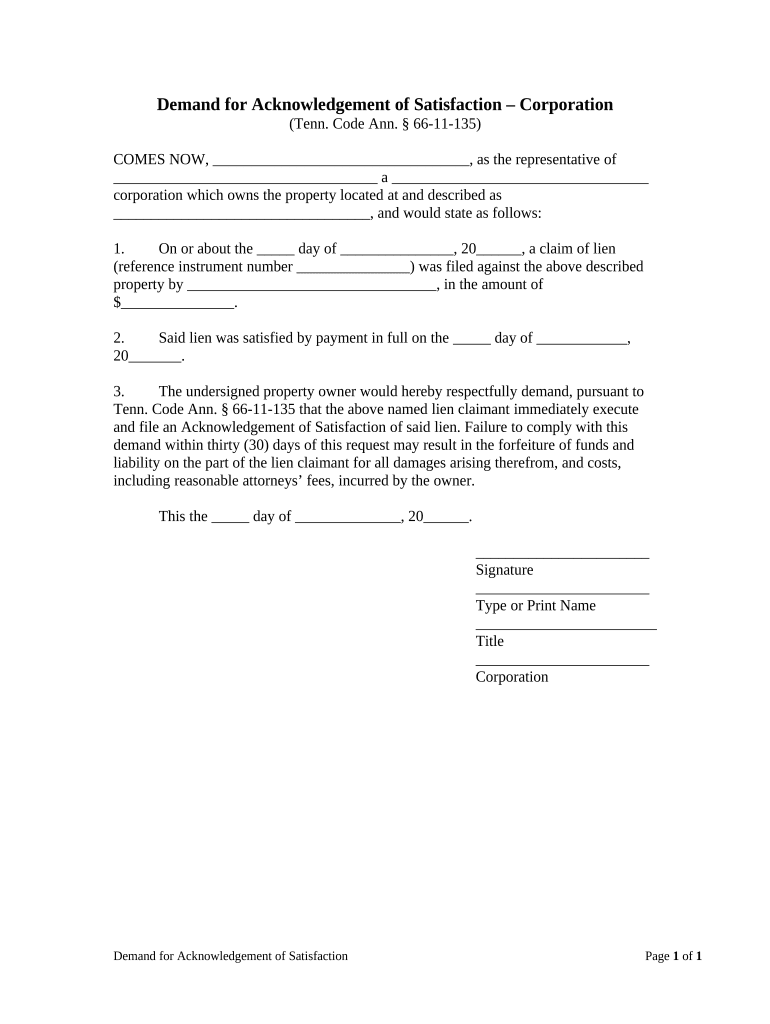 Demand for Acknowledgment of Satisfaction by Corporation or LLC Tennessee  Form