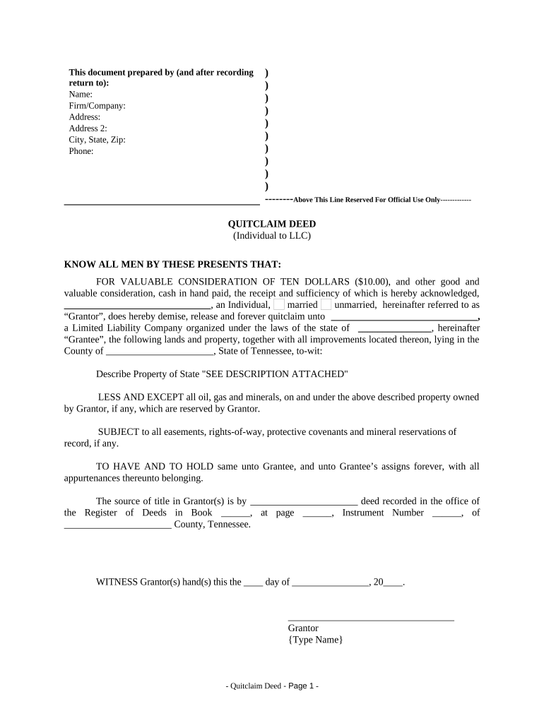 Quitclaim Deed from Individual to LLC Tennessee  Form
