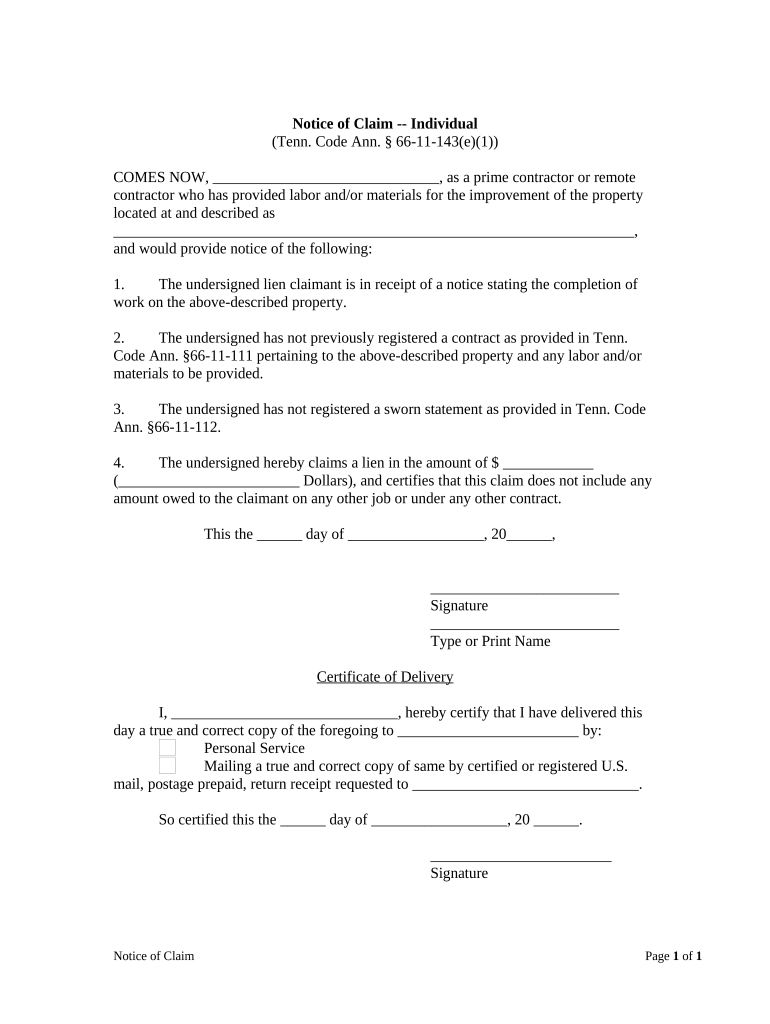 Notice of Claim Individual Tennessee  Form