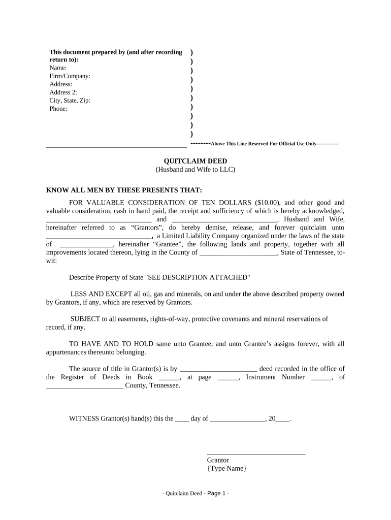 Quitclaim Deed from Husband and Wife to LLC Tennessee  Form
