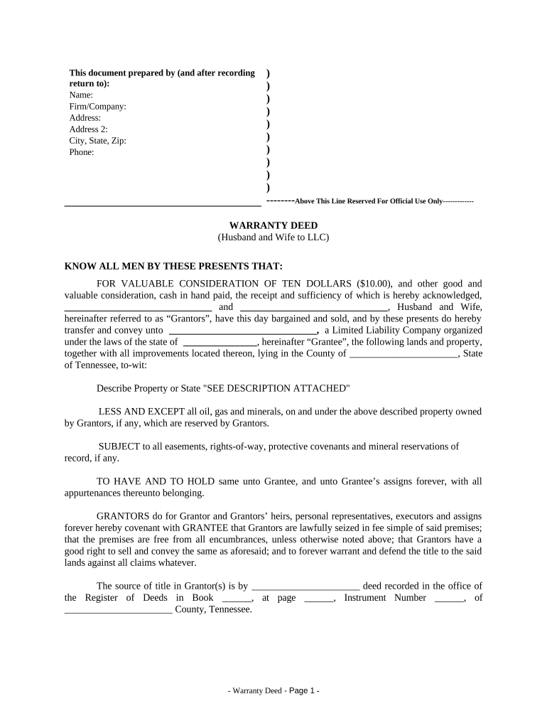 Warranty Deed from Husband and Wife to LLC Tennessee  Form